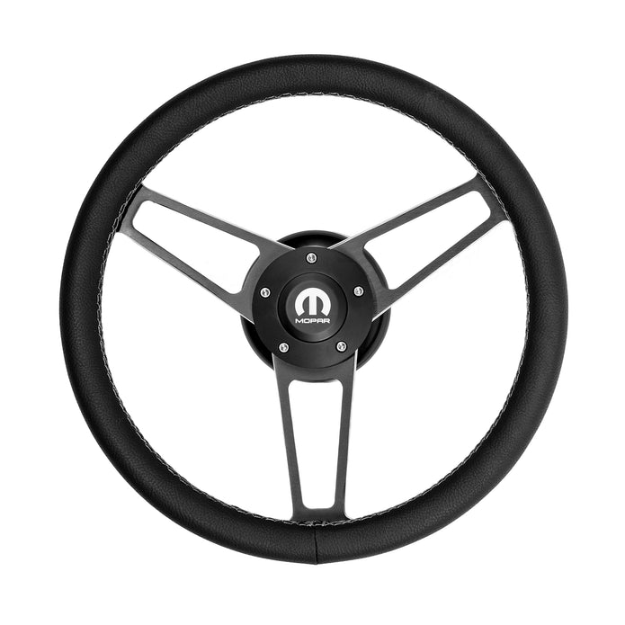 #1961 Classic Billet Series Black Leather Steering Wheel With Mopar Logo & Install Kit