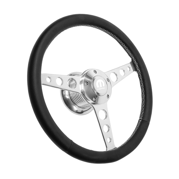 #1940 Nostalgia Billet Series Polished Leather Steering With Wheel Mopar Logo & Install Kit