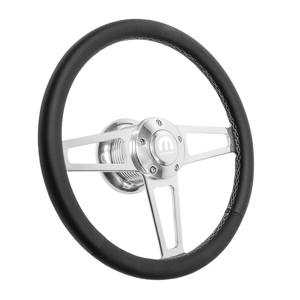 #1950 T Series Billet  Polished Leather Steering Wheel With Mopar Logo &  Install Kit