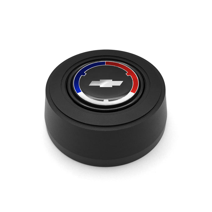 #5922	Aluminum Black Anodized Billet Horn Button with Red/Black Chevy Bowtie Emblem.