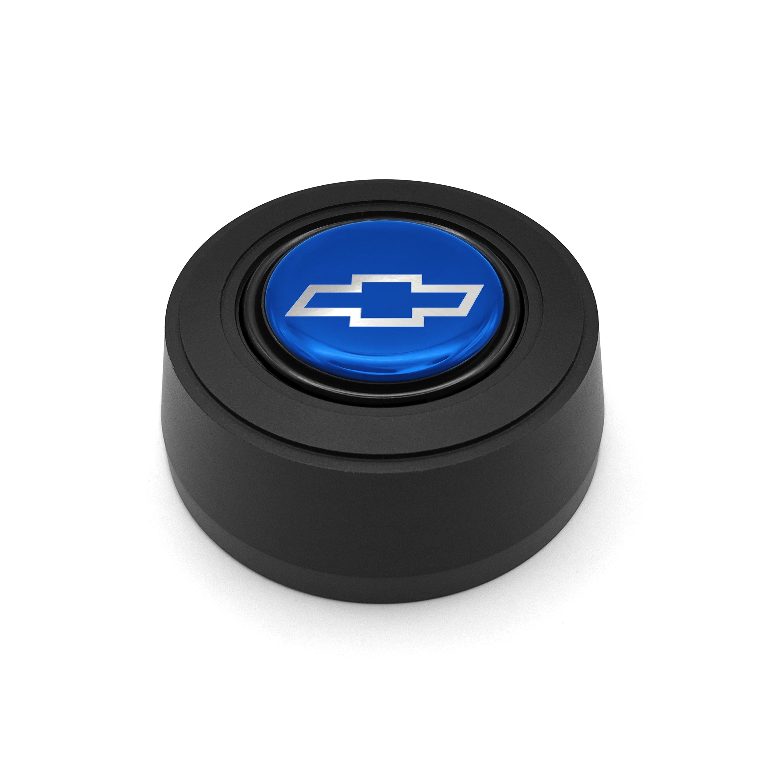 #5921	Aluminum Black Anodized Billet Horn Button with Blue Chevy Bowtie Emblem.