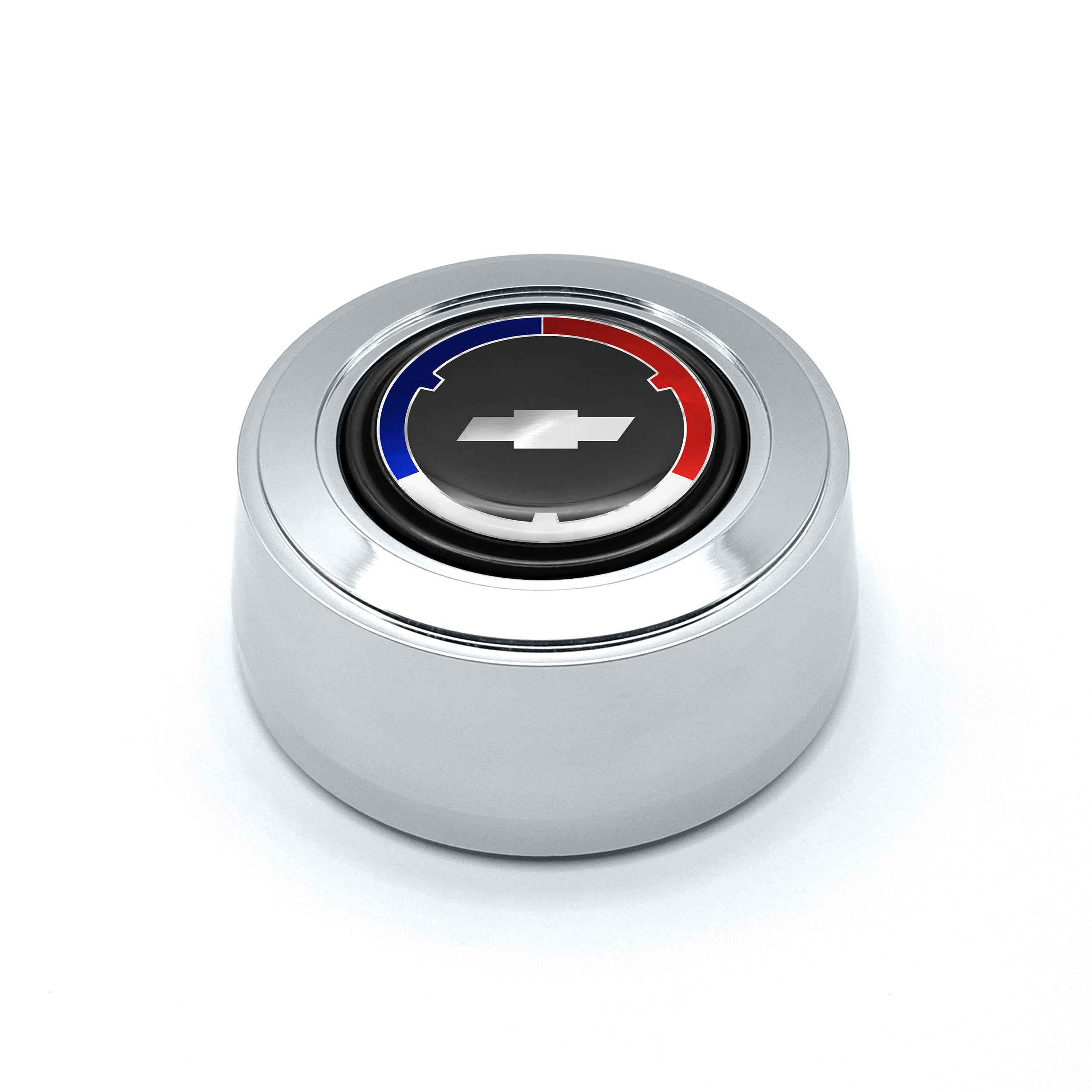 #5932	Aluminum Polished Billet Horn Button with Red/Black Chevy Bowtie Emblem.