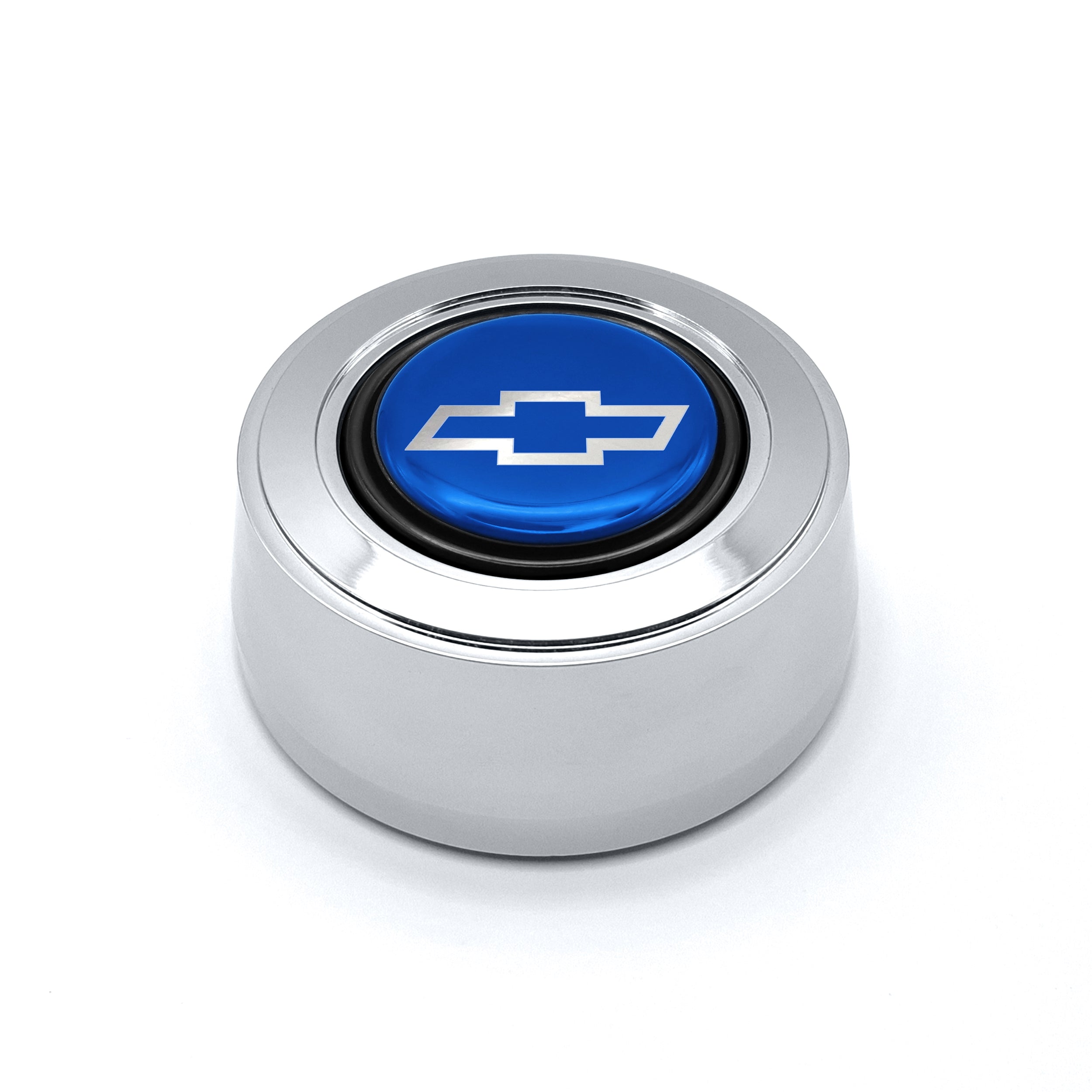 #5931	Aluminum Polished Billet Horn Button with Blue Chevy Bowtie Emblem.
