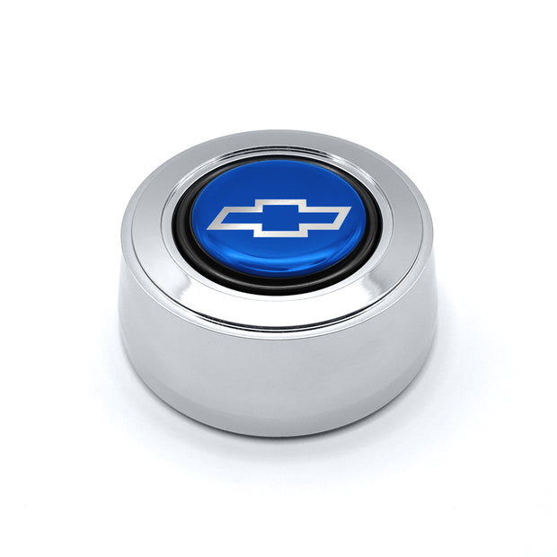 #5931	Aluminum Polished Billet Horn Button with Blue Chevy Bowtie Emblem.