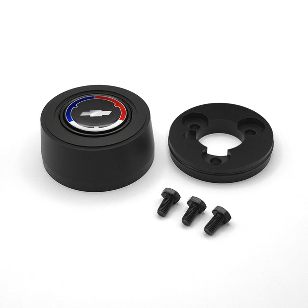 #5922	Aluminum Black Anodized Billet Horn Button with Red/Black Chevy Bowtie Emblem.